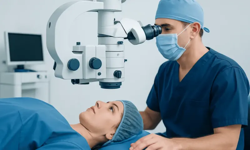 Ophthalmologist performing eye examination with a microscope at Acibadem Hospital.