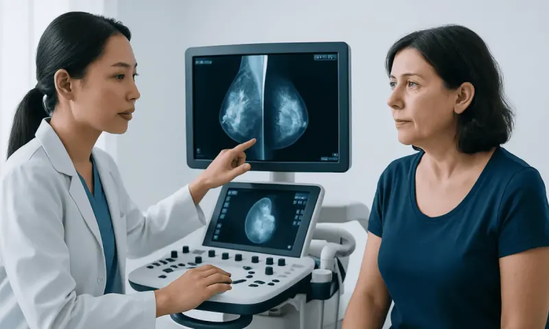 Doctor explains breast cancer mammogram results to patient in clinic.
