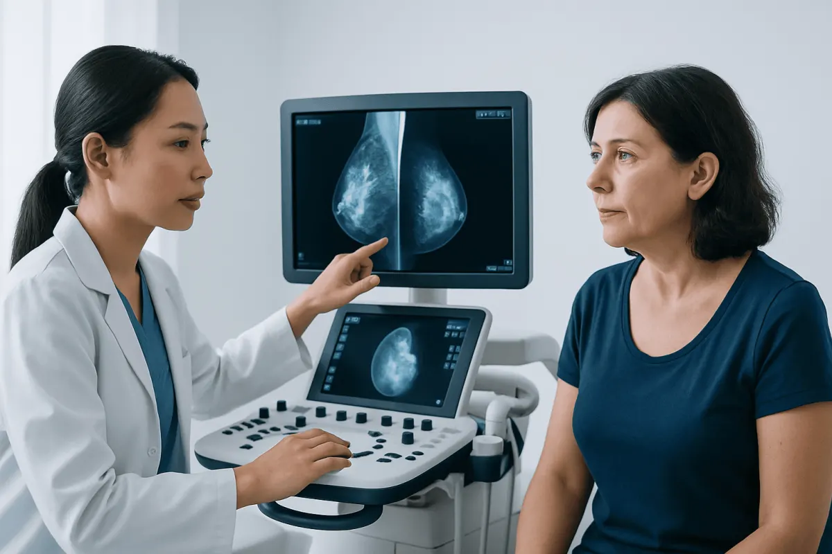 Doctor explains breast cancer mammogram results to patient in clinic.