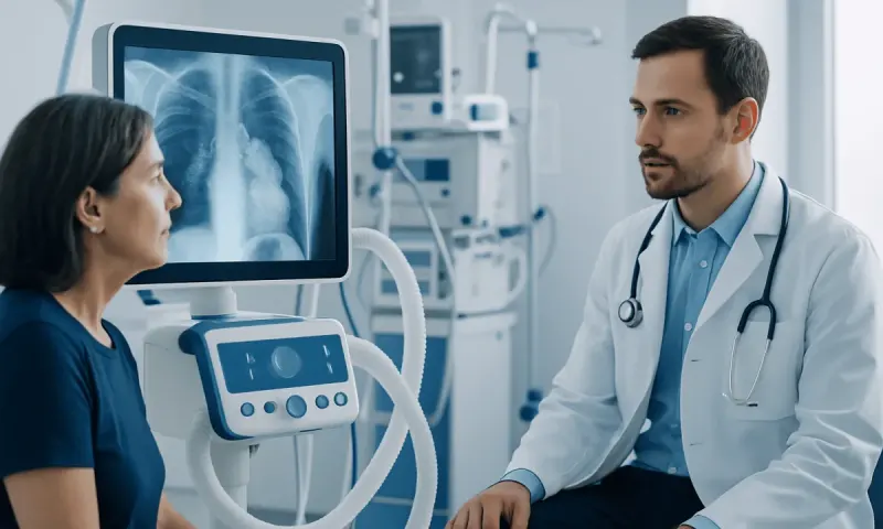 Doctor discussing lung X-ray results with patient in hospital.