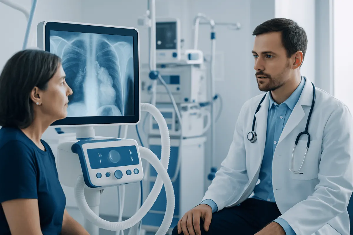Doctor discussing lung X-ray results with patient in hospital.