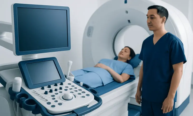 Medical professional prepares patient for MRI scan at Acibadem Hospital.