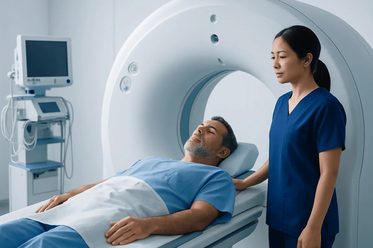 Patient undergoing MRI scan at Acibadem Hospital with medical staff present.