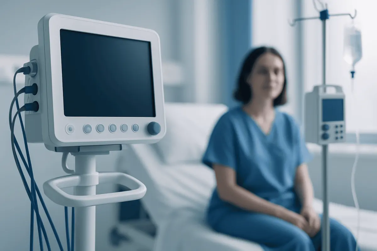 Hospital patient monitor and nurse in a clinical setting.