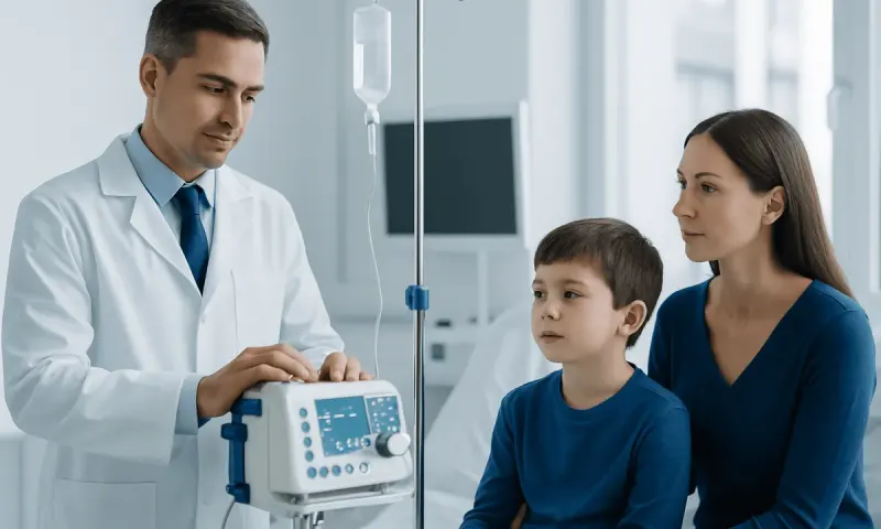 Doctor preparing medical treatment for a young boy in a hospital setting.