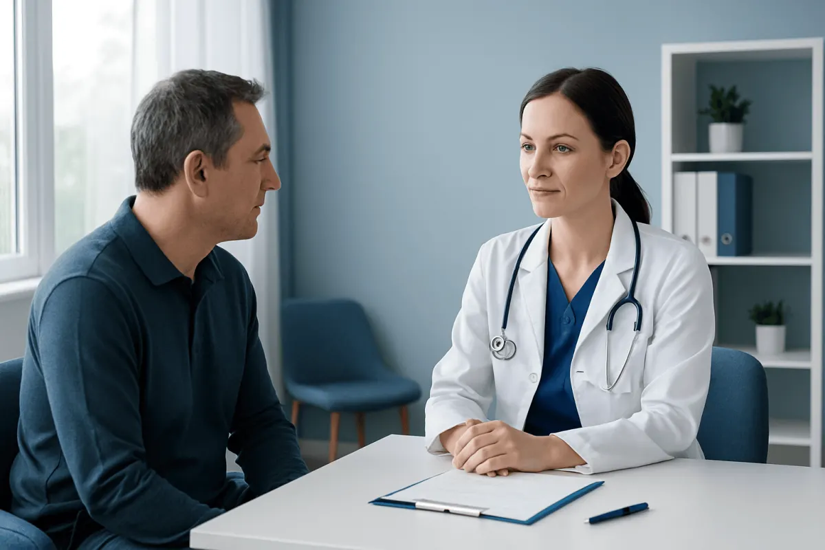 Doctor consulting with a patient in a modern medical office.