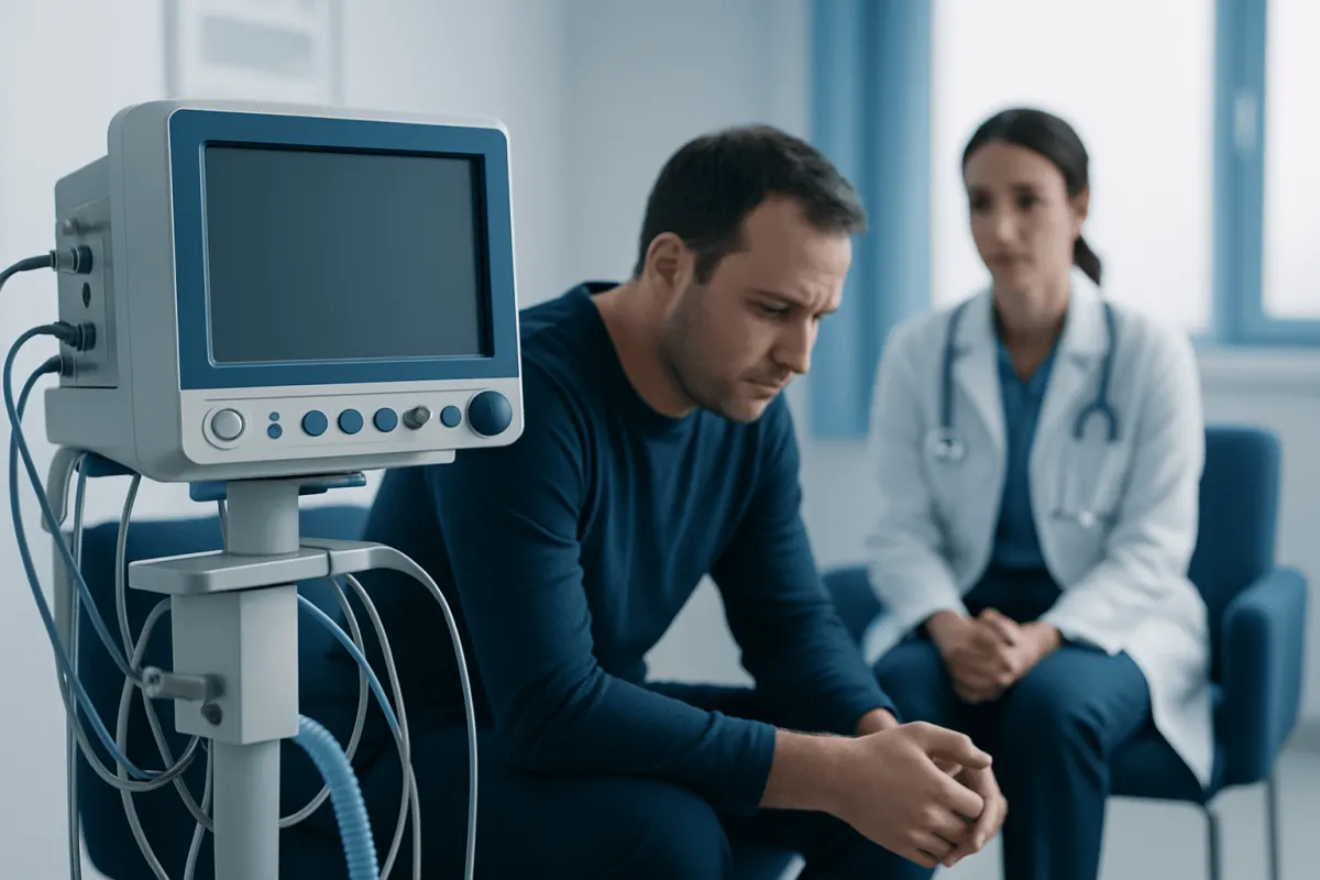 Patient in hospital consultation with doctor and medical monitor.