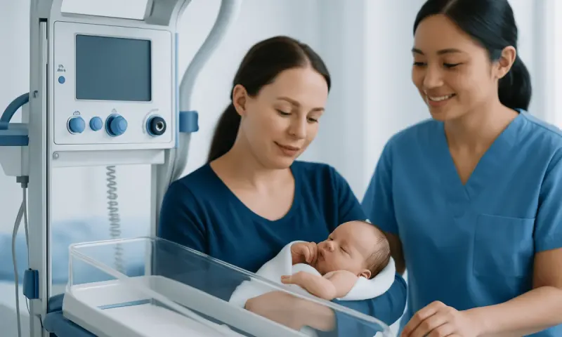 Newborn in hospital bassinet with healthcare professionals.
