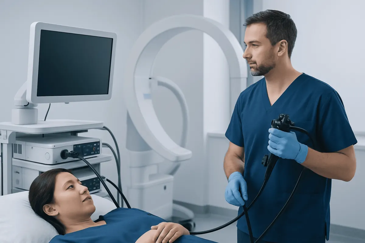 Doctor performing an endoscopy on a patient in a hospital setting.