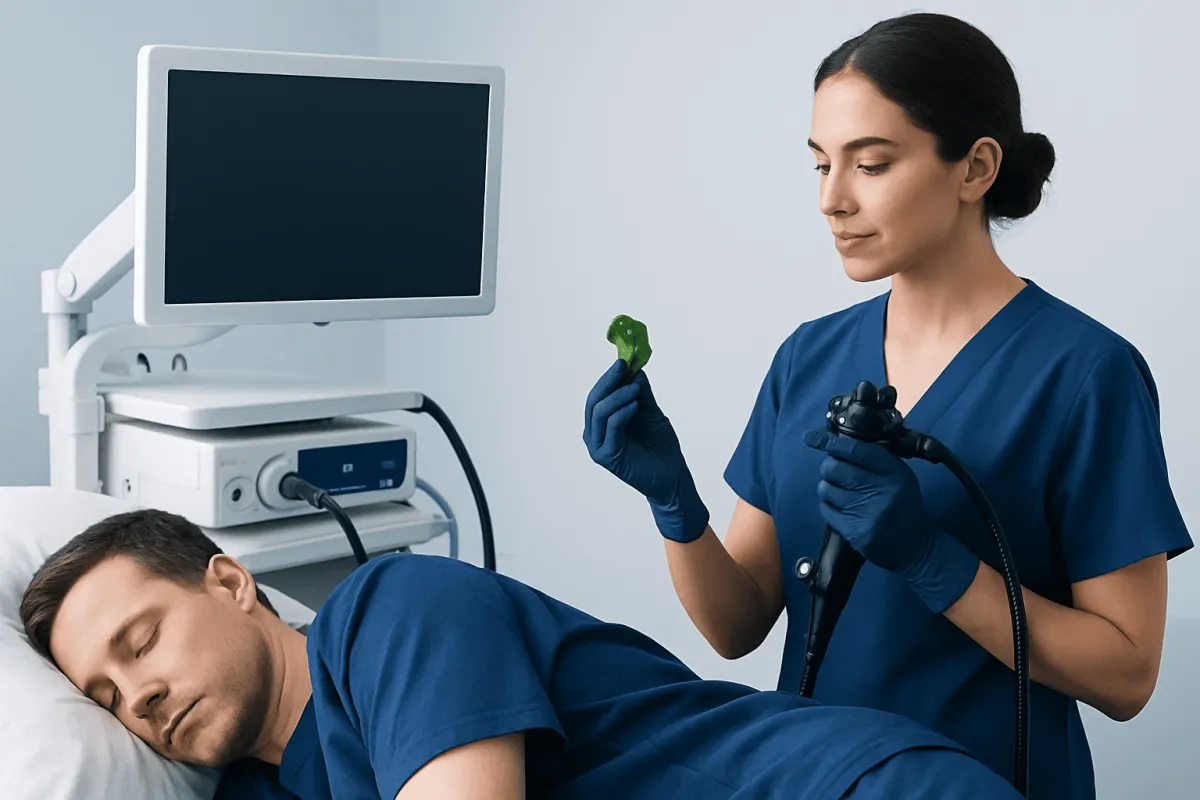 Medical professional performing a colonoscopy procedure on a patient.