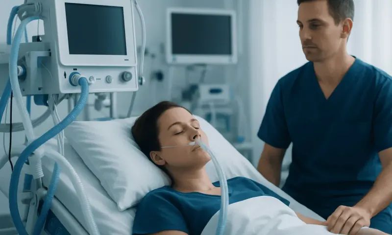 Patient in hospital bed with medical ventilator and healthcare professional nearby.