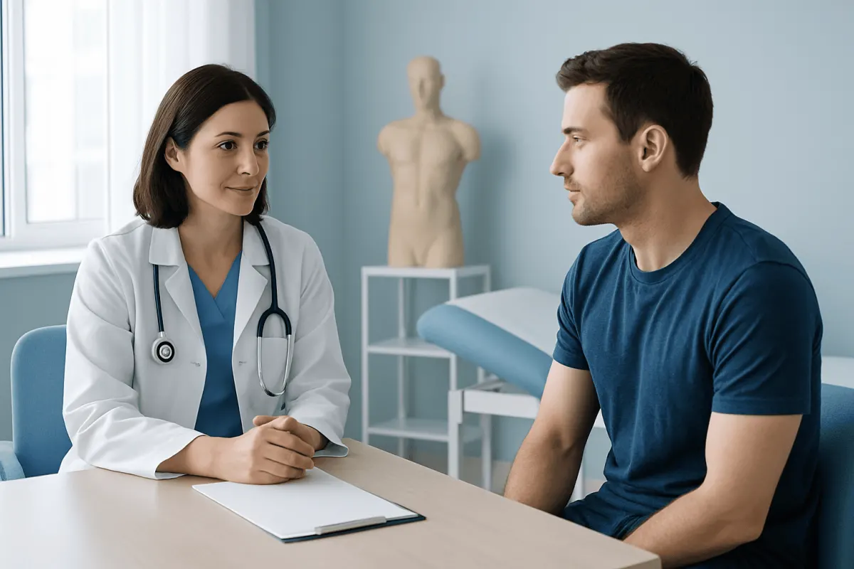 Doctor consulting male patient in a medical office setting.