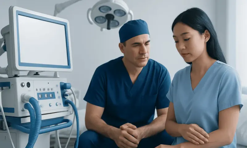Medical professionals discussing patient care in a hospital room.