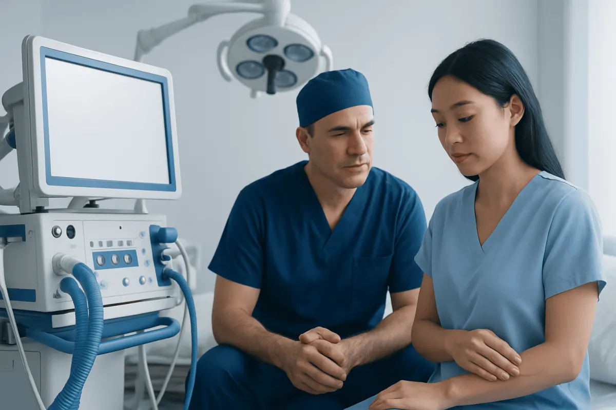 Medical professionals discussing patient care in a hospital room.