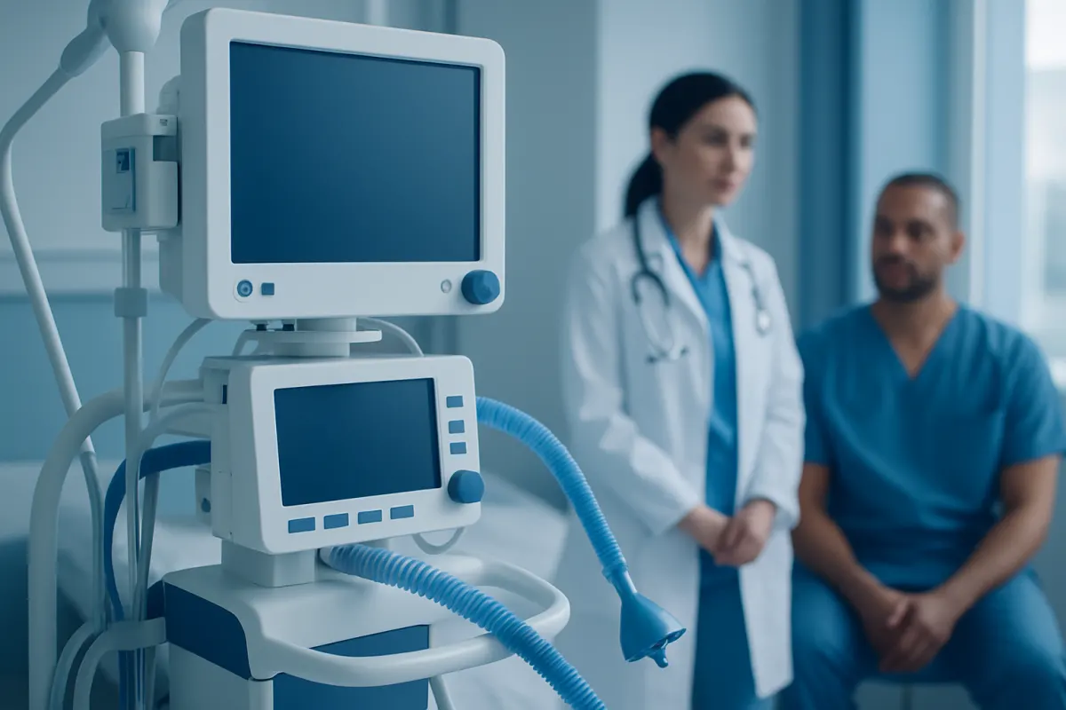 Hospital medical equipment with healthcare professionals in background.