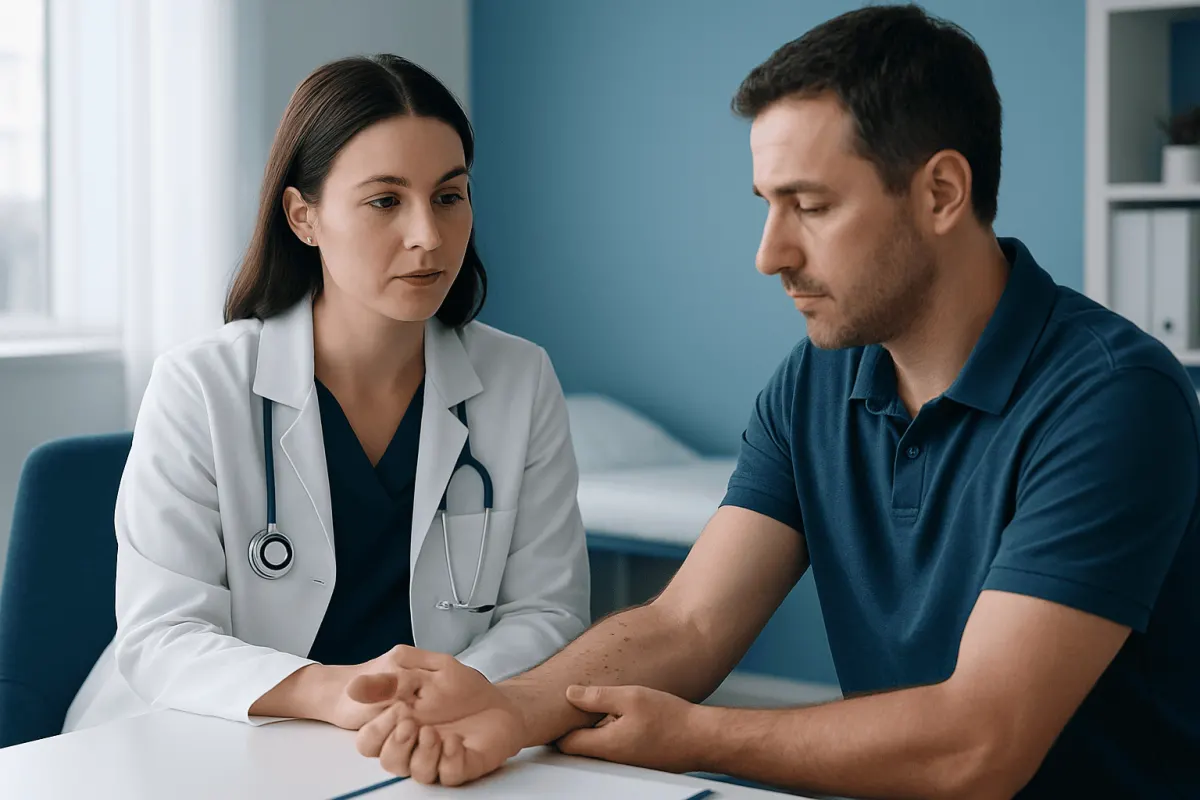 Doctor examining patient's wrist in a consultation room.