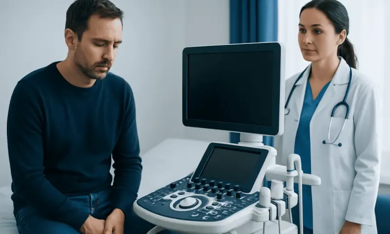 Doctor explaining ultrasound results to a patient in a medical clinic.