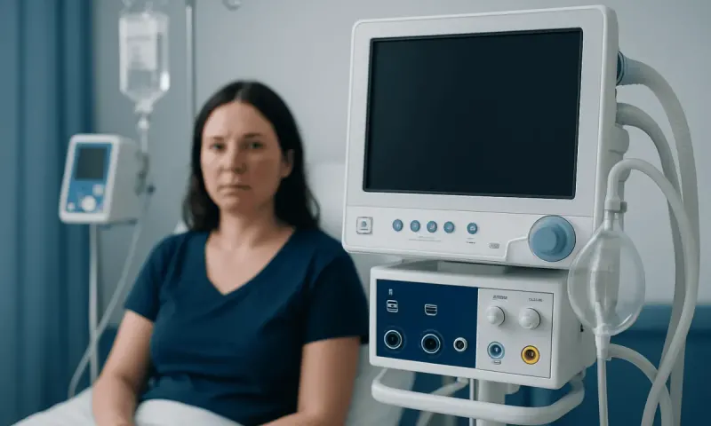 Patient in hospital room with medical monitor and IV drip.