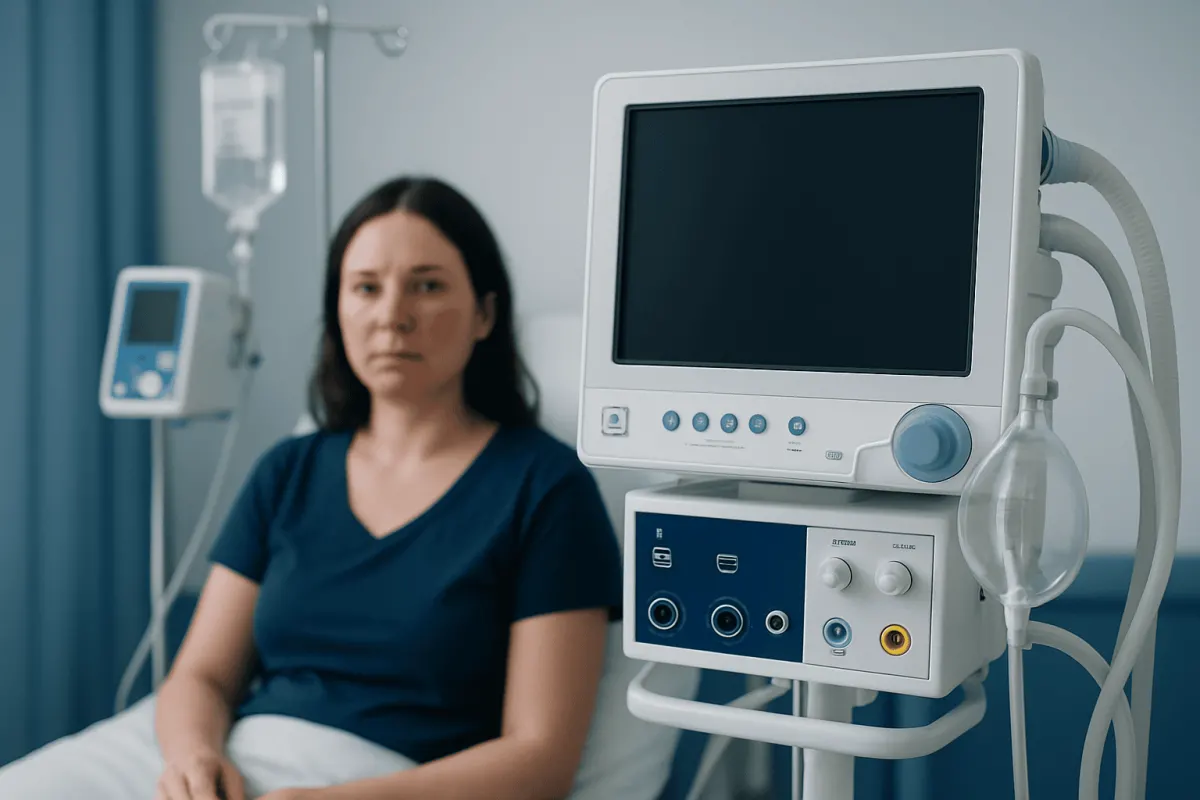 Patient in hospital room with medical monitor and IV drip.
