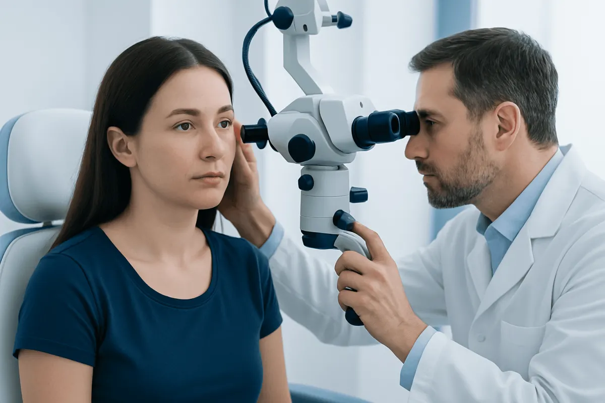 Otolaryngologist examining patient's ear with a microscope in a clinic setting.