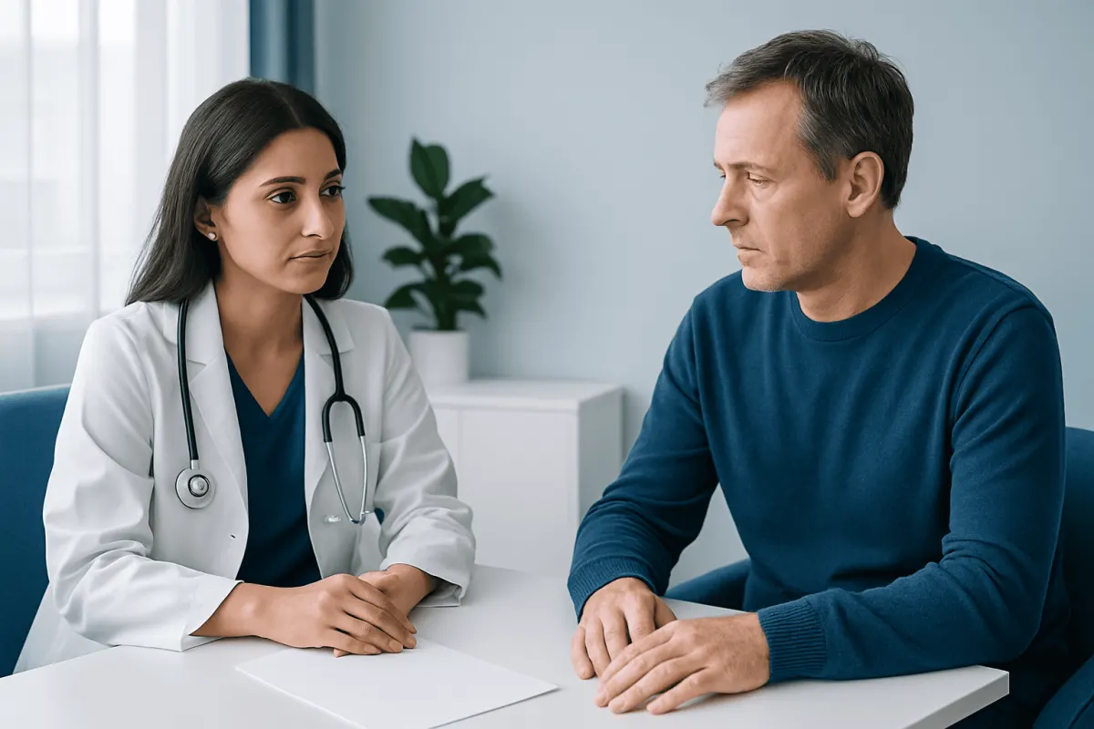 Doctor consulting with a male patient in a medical office.