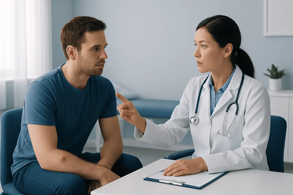 Doctor consulting patient about cysts and boils in a medical office.