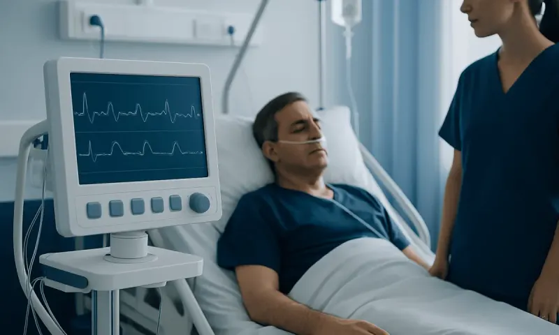 Patient in hospital bed with ECG monitor and healthcare professional nearby.