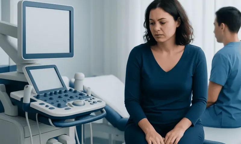 Woman in a medical examination room with ultrasound equipment.