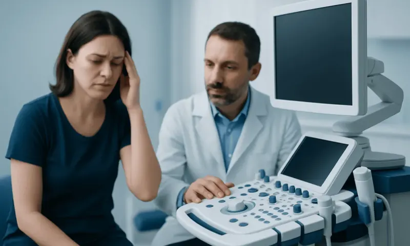 Doctor performing an ultrasound on a woman with headache symptoms.