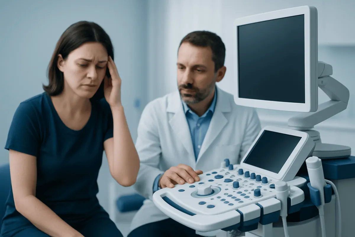 Doctor performing an ultrasound on a woman with headache symptoms.