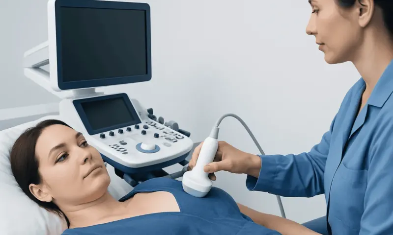 Medical professional performing targeted ultrasound breast examination on patient.