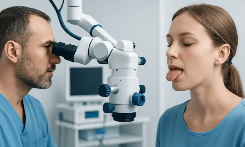 Doctor examining patient's tongue with a microscope in a medical setting.