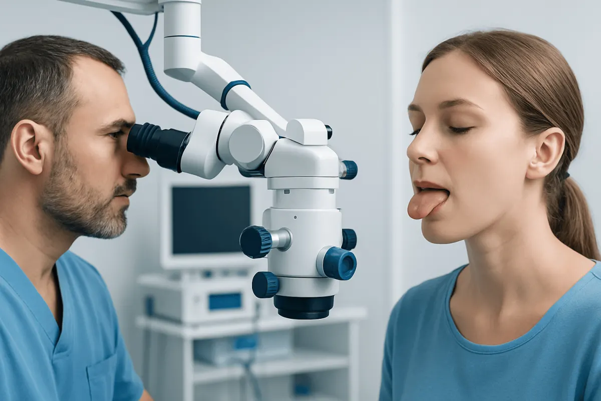 Doctor examining patient's tongue with a microscope in a medical setting.
