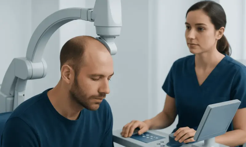 Doctor performing a scalp examination with advanced medical equipment.