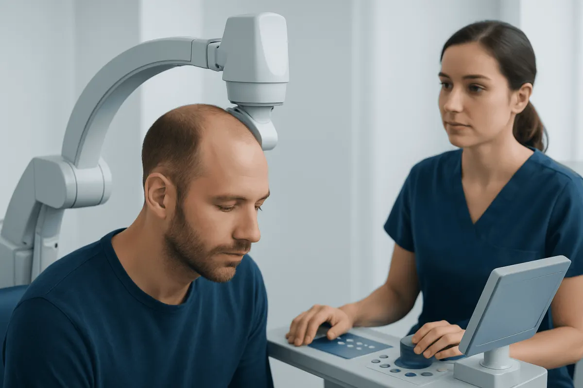 Doctor performing a scalp examination with advanced medical equipment.