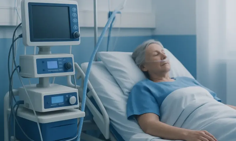 Elderly patient resting in hospital bed with medical equipment nearby.