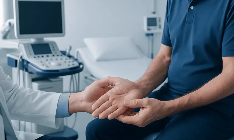 Doctor examining a patient's hand in a medical clinic setting.