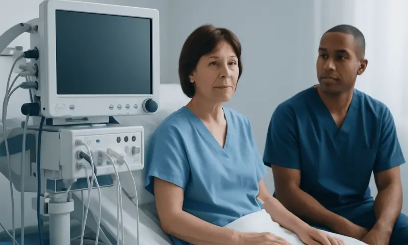 Medical consultation with a healthcare professional and patient in hospital room.