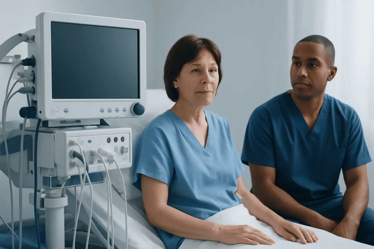 Medical consultation with a healthcare professional and patient in hospital room.