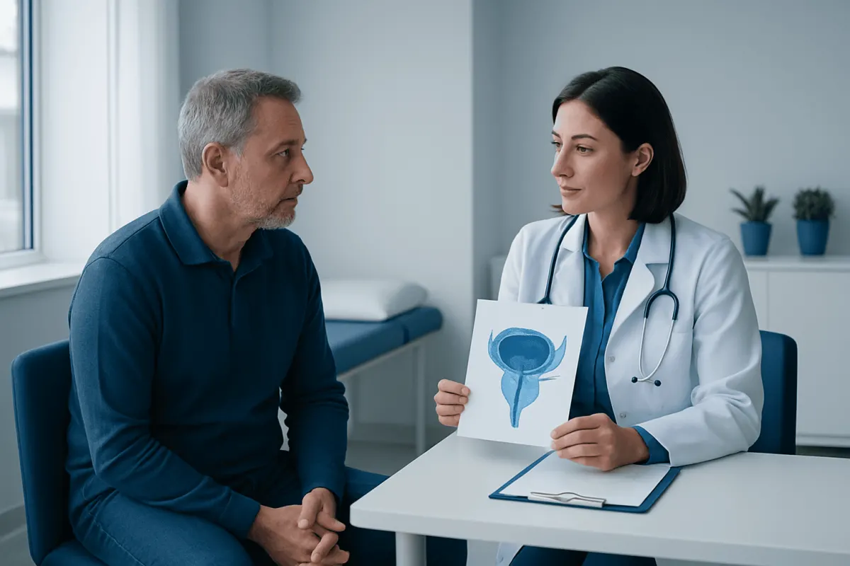 Urologist explaining prostate health to a patient in a clinic setting.