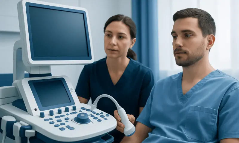 Medical professionals performing an ultrasound examination in a hospital setting.