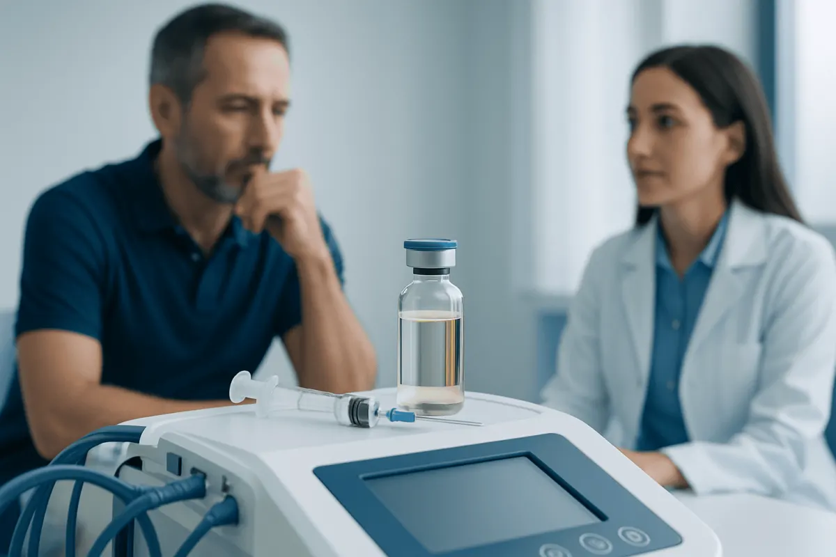 Medical consultation for testosterone therapy with a doctor and patient in clinic.