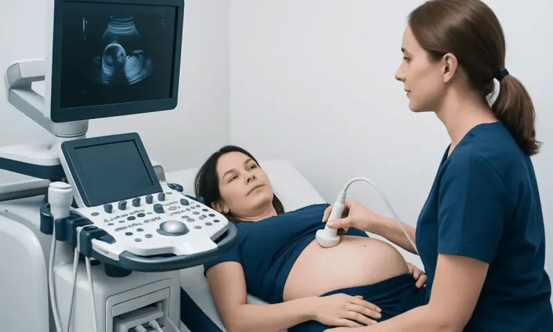 Pregnant woman undergoing an ultrasound scan at a hospital.