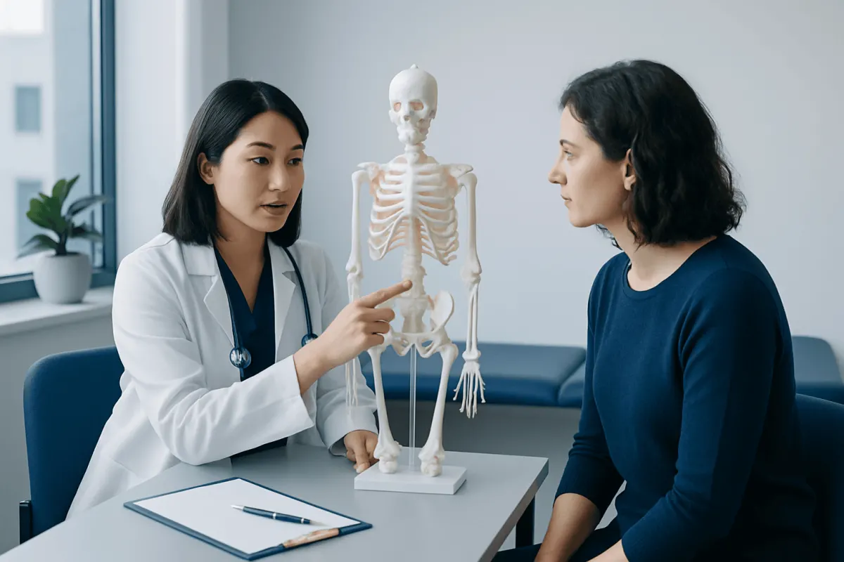Doctor explaining human skeletal system to patient in medical consultation.