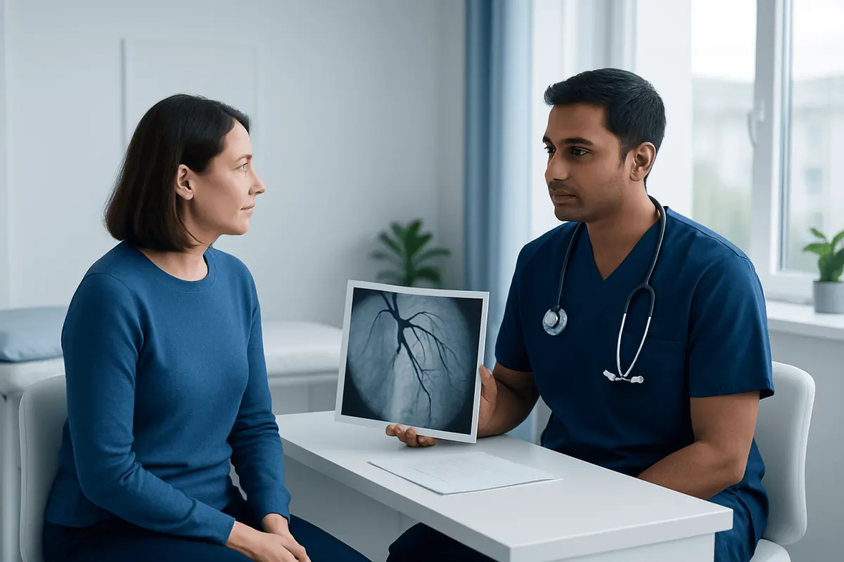 Doctor explaining angiogram results to a patient in a medical consultation.