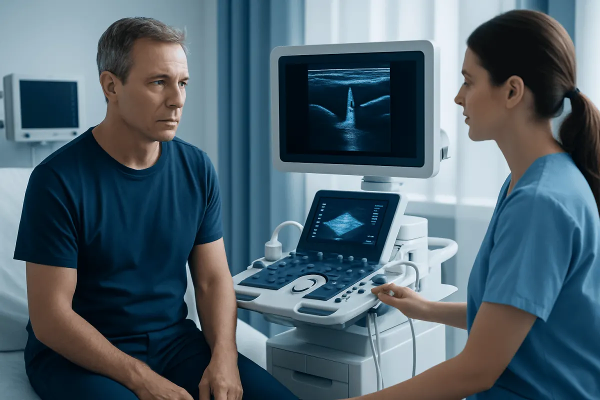 Doctor performing an ultrasound examination on a male patient in a hospital setting.