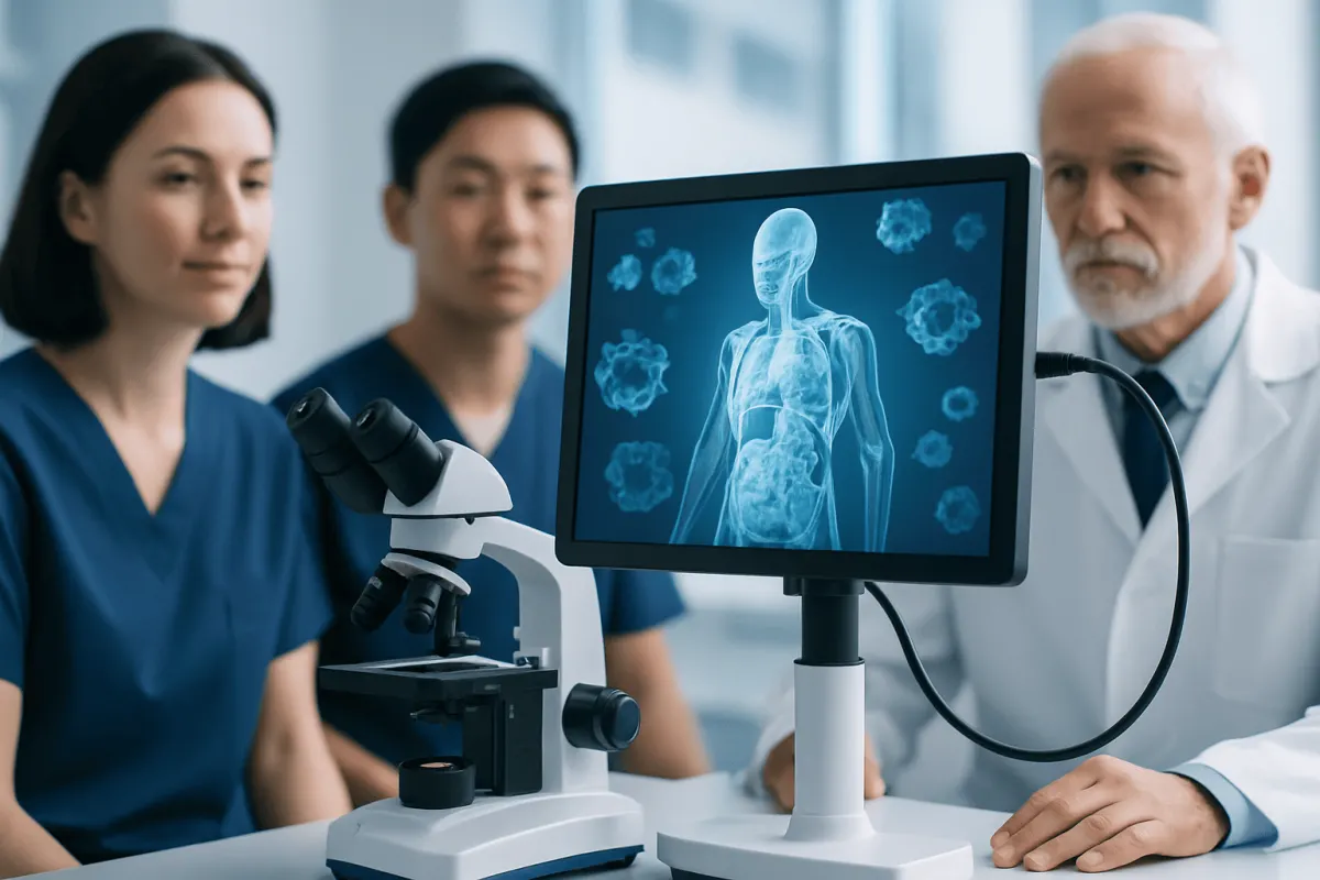 Medical professionals analyzing human body scan with microscope and digital display.