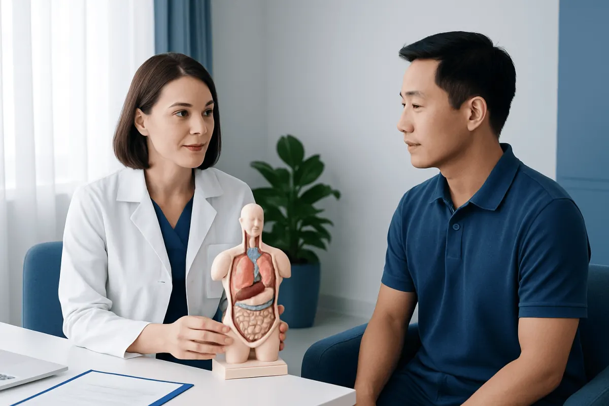 Doctor explains digestive system to patient with anatomical model in clinic.