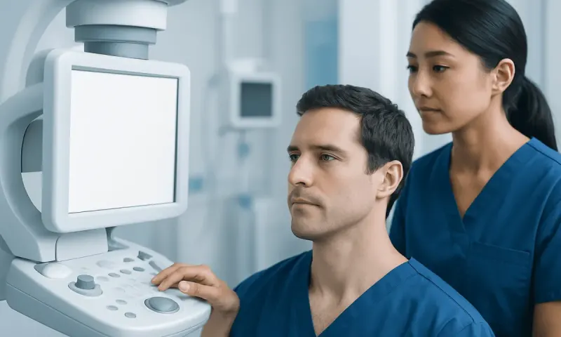 Medical professionals using ultrasound equipment in a hospital setting.