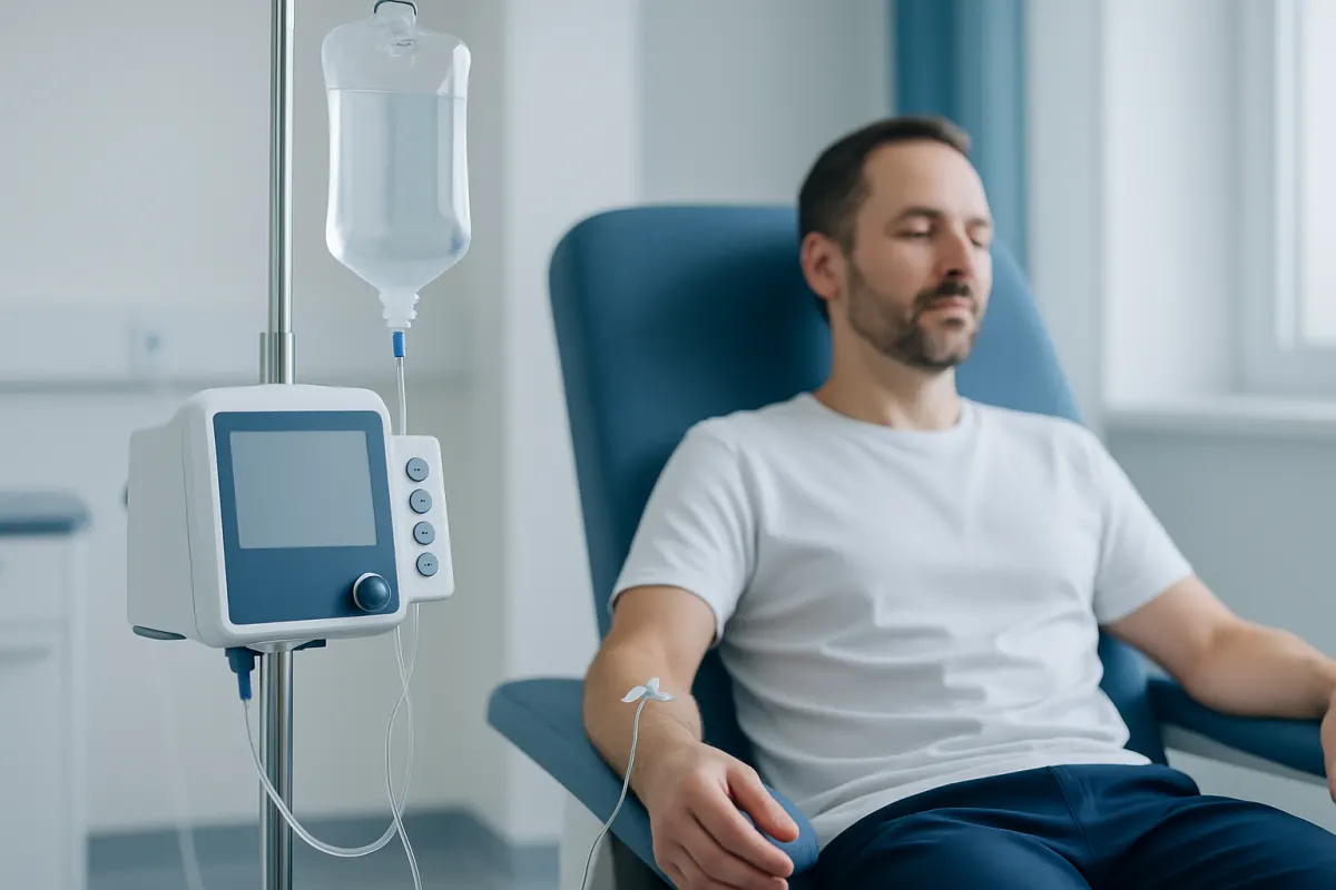 Man receiving IV therapy in a hospital setting for detox treatment.